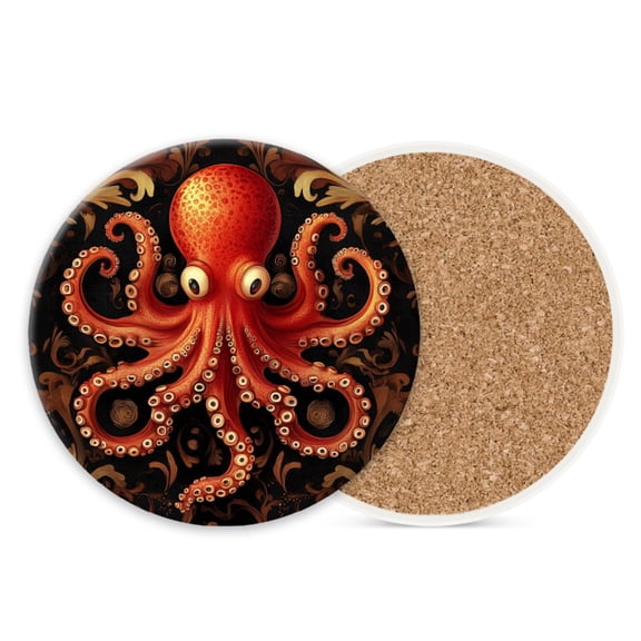 Ceramic Drink Coasters Absorbent Set of 1, Mysterious Black and Gold Octopus Round Anti Slip Modern Cup Coasters for Desk Kitchen Office Housewarming Hostess Gifts (4*4 Inch)
