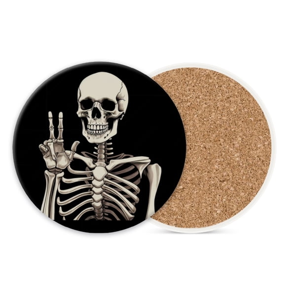 Ceramic Drink Coasters Absorbent Set of 1, Smiling Skeleton Making Peace Sign Round Anti Slip Modern Cup Coasters for Desk Kitchen Office Housewarming Hostess Gifts (4*4 Inch)