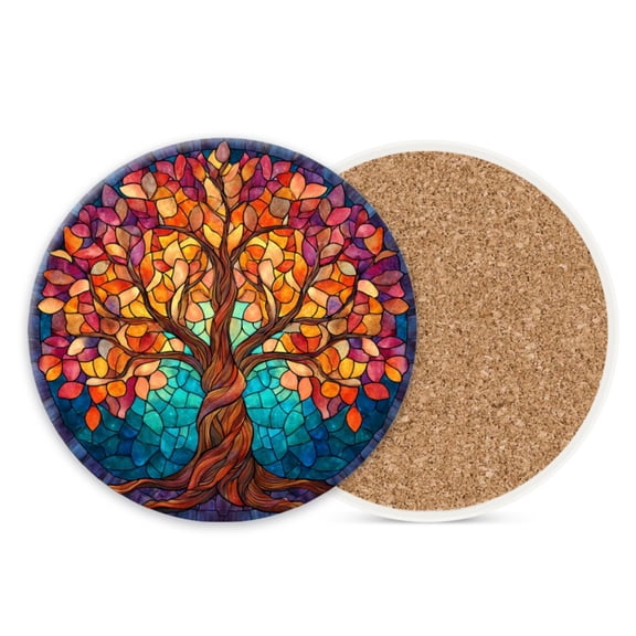 Ceramic Drink Coasters Absorbent Set of 1, Stained Glass Style Autumn Life Tree Round Anti Slip Modern Cup Coasters for Desk Kitchen Office Housewarming Hostess Gifts (4*4 Inch)