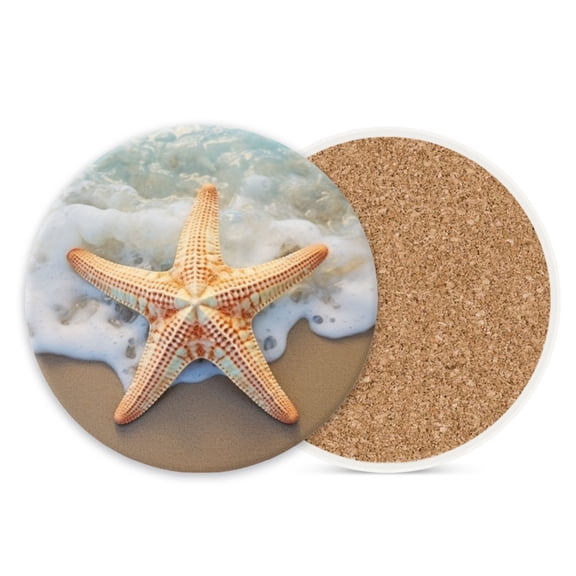 Ceramic Drink Coasters Absorbent Set of 1, Starfish on Beach with Waves Round Anti Slip Modern Cup Coasters for Desk Kitchen Office Housewarming Hostess Gifts (4*4 Inch)