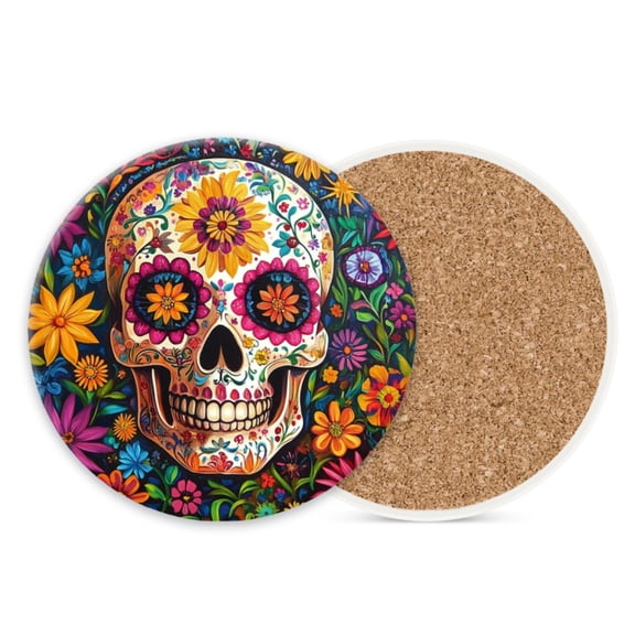 Ceramic Drink Coasters Absorbent Set of 1, Sugar Skull Color Print Round Anti Slip Modern Cup Coasters for Desk Kitchen Office Housewarming Hostess Gifts (4*4 Inch)