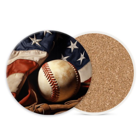 Ceramic Drink Coasters Absorbent Set of 1, Vintage American Flag with Baseball and Glove Round Anti Slip Modern Cup Coasters for Desk Kitchen Office Housewarming Hostess Gifts (4*4 Inch)