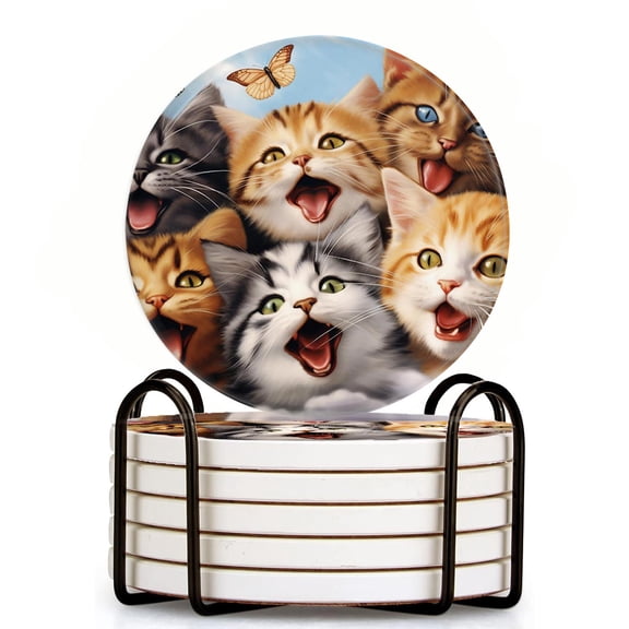 Ceramic Drinking Coasters With Holder,Cute and lively cat chasing a butterfly Water Absorbent Marble Tabletop Protection (Cork Base),Set of 6,Suitable for Various Mugs,Home Decor4 Inch