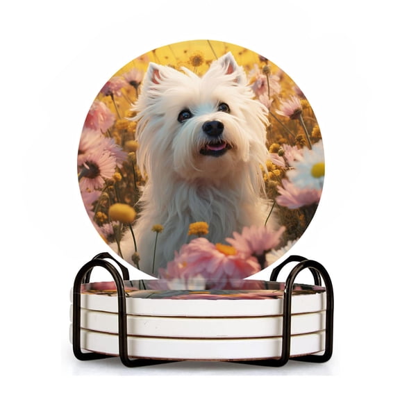 Ceramic Drinking Coasters With Holder,Flower sea cute active dog pattern Water Absorbent Marble Tabletop Protection (Cork Base),Set of 4,Suitable for Various Mugs,Home Decor，4 Inch