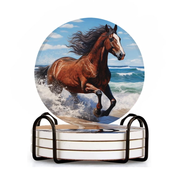 Ceramic Drinking Coasters With Holder,Galloping horses riding the sea waves Water Absorbent Marble Tabletop Protection (Cork Base),Set of 4,Suitable for Various Mugs,Home Decor4 Inch