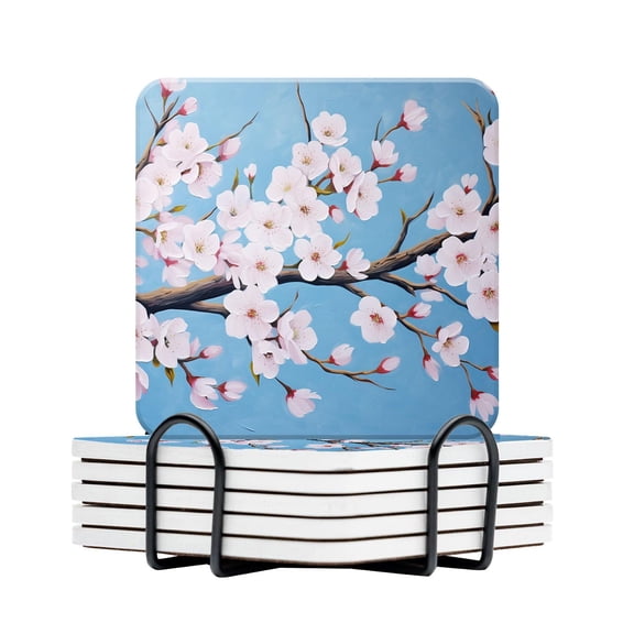 Ceramic Drinking Coasters With Holder,Graceful peach blossoms bloom in the spring nature Water Absorbent Marble Tabletop Protection (Cork Base),Set of 6,Suitable for Various Mugs,Home Decor4 Inch