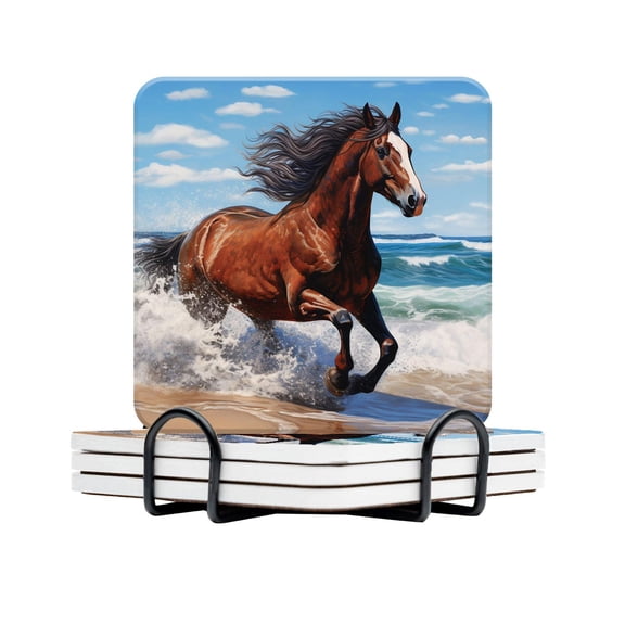 Ceramic Drinking Coasters With Holder,Horses riding the waves on the beach Water Absorbent Marble Tabletop Protection (Cork Base),Set of 4,Suitable for Various Mugs,Home Decor,4 Inch