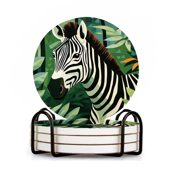 Ceramic Drinking Coasters With Holder,Jungle walking zebra abstract painting style Water Absorbent Marble Tabletop Protection (Cork Base),Set of 4,Suitable for Various Mugs,Home Decor4 Inch