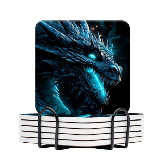 Ceramic Drinking Coasters With Holder,Majestic mysterious blue - eyed ice dragon Water Absorbent Marble Tabletop Protection (Cork Base),Set of 6,Suitable for Various Mugs,Home Decor4 Inch