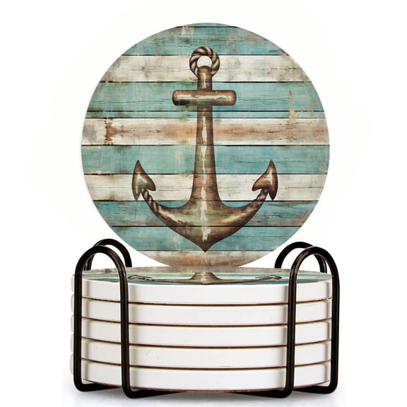 Ceramic Drinking Coasters With Holder,Nautical Anchor Classic Blue Brown Barn Wood Grain Water Absorbent Marble Tabletop Protection (Cork Base),Set of 6,Suitable for Various Mugs,Home Decor4 Inch
