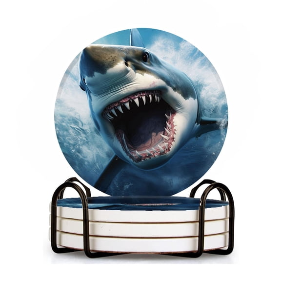 Ceramic Drinking Coasters With Holder,Ocean overlord Great White Shark Modern art Water Absorbent Marble Tabletop Protection (Cork Base),Set of 4,Suitable for Various Mugs,Home Decor4 Inch