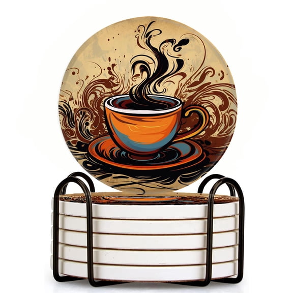 Ceramic Drinking Coasters With Holder,Retro abstract hot coffee art pattern Water Absorbent Marble Tabletop Protection (Cork Base),Set of 6,Suitable for Various Mugs,Home Decor，4 Inch