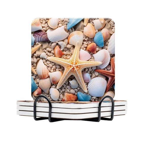Ceramic Drinking Coasters With Holder,Seafloor beach starfish shell pattern Water Absorbent Marble Tabletop Protection (Cork Base),Set of 4,Suitable for Various Mugs,Home Decor4 Inch