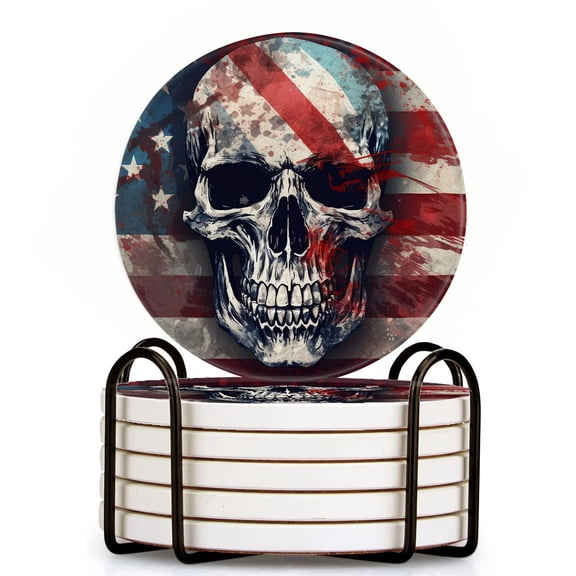 Ceramic Drinking Coasters With Holder,Striking skull in American flag classical ethnic style Water Absorbent Marble Tabletop Protection (Cork Base),Set of 6,Suitable for Various Mug,Home Decor4 Inch