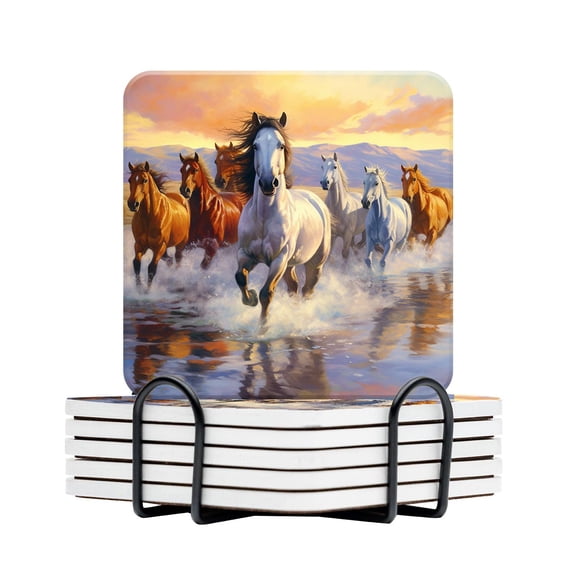 Ceramic Drinking Coasters With Holder,Strong horses run wild and free in the water Water Absorbent Marble Tabletop Protection (Cork Base),Set of 6,Suitable for Various Mugs,Home Decor,4 Inch
