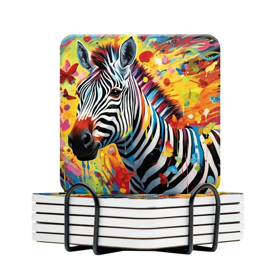 Ceramic Drinking Coasters With Holder,Vibrant Colorful Zebra Art Painting Water Absorbent Marble Tabletop Protection (Cork Base),Set of 6,Suitable for Various Mugs,Home Decor4 Inch