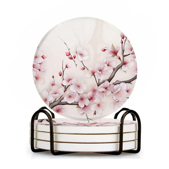 Ceramic Drinking Coasters With Holder,Vibrant flowers Pink cherry blossoms in full bloom Water Absorbent Marble Tabletop Protection (Cork Base),Set of 4,Suitable for Various Mugs,Home Decor4 Inch