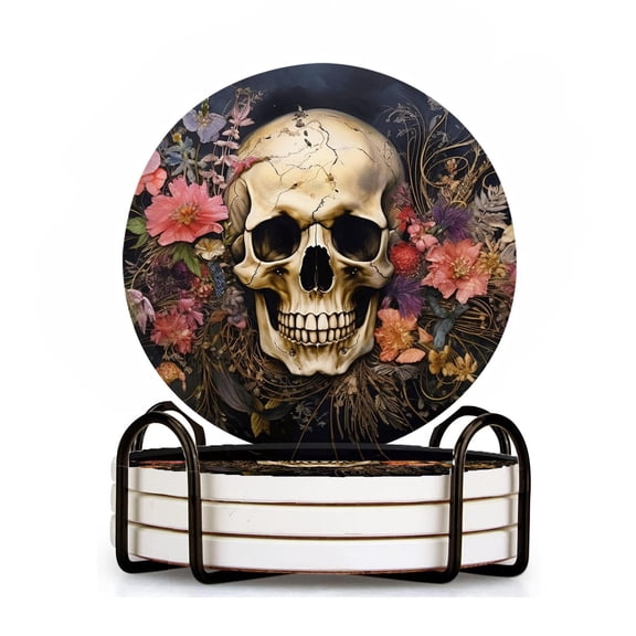 Ceramic Drinking Coasters With Holder,Watercolor art of death skulls decorated with flowers Water Absorbent Marble Tabletop Protection (Cork Base),Set of 4,Suitable for Various Mugs,Home Decor4 Inch