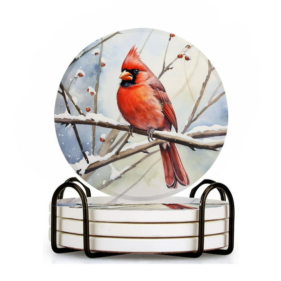 Ceramic Drinking Coasters With Holder,Watercolors of birds standing on branches in winter Water Absorbent Marble Tabletop Protection (Cork Base),Set of 4,Suitable for Various Mugs,Home Decor4 Inch