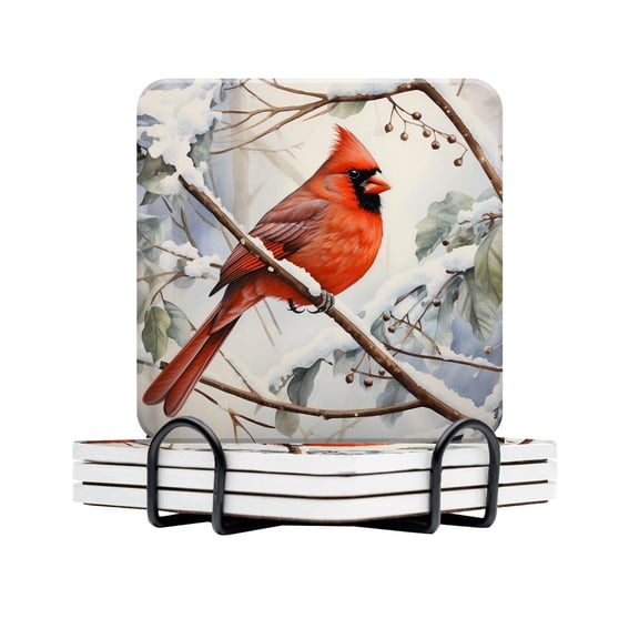 Ceramic Drinking Coasters With Holder,bird perched on a branch covered with snow in winter Water Absorbent Marble Tabletop Protection (Cork Base),Set of 4,Suitable for Various Mugs,Home Decor4 Inch