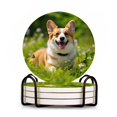 thumbnail image 1 of Ceramic Drinking Coasters With Holder,Cute lazy corgi sitting in the grass Water Absorbent Marble Tabletop Protection (Cork Base),Set of 4,Suitable for Various Mugs,Home Decor，4 Inch, 1 of 4