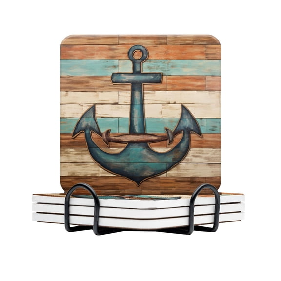 Ceramic Drinking Coasters With Holder,Nautical Anchor Classic Blue Brown Barn Wood Grain Water Absorbent Marble Tabletop Protection (Cork Base),Set of 4,Suitable for Various Mugs,Home Decor4 Inch