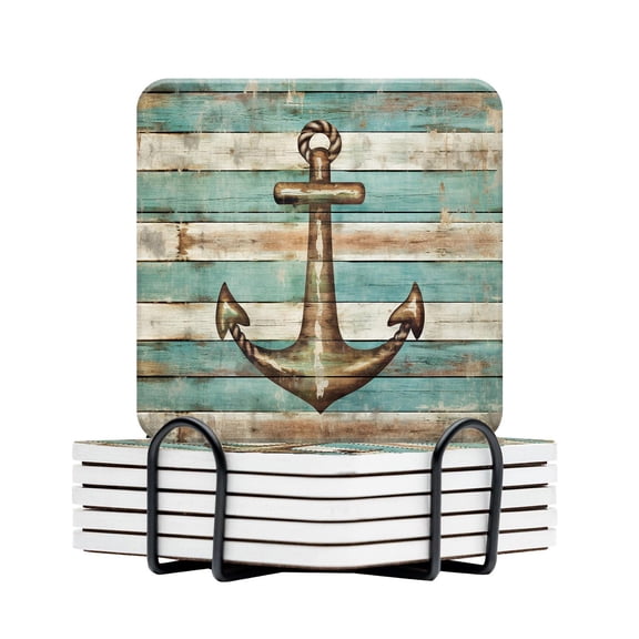 Ceramic Drinking Coasters With Holder,Nautical Anchor Classic Blue Brown Barn Wood Grain Water Absorbent Marble Tabletop Protection (Cork Base),Set of 6,Suitable for Various Mugs,Home Decor4 Inch