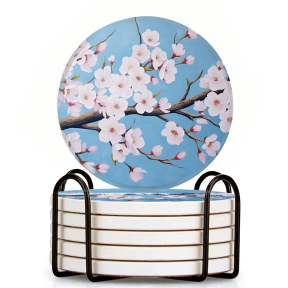Ceramic Drinking Coasters With Holder,Peach blossoms bloom in oil painting patterns Water Absorbent Marble Tabletop Protection (Cork Base),Set of 6,Suitable for Various Mugs,Home Decor4 Inch