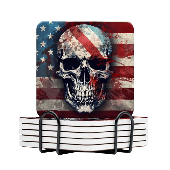 Ceramic Drinking Coasters With Holder,Striking skull in American flag classical ethnic style Water Absorbent Marble Tabletop Protection (Cork Base),Set of 6,Suitable for Various Mug,Home Decor4 Inch