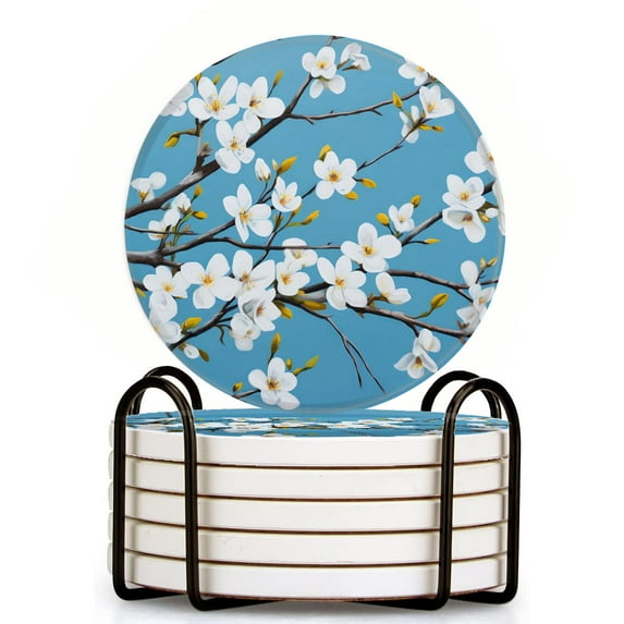 Ceramic Drinking Coasters With Holder,Vibrant white flowers that bloom in spring Water Absorbent Marble Tabletop Protection (Cork Base),Set of 6,Suitable for Various Mugs,Home Decor,4 Inch