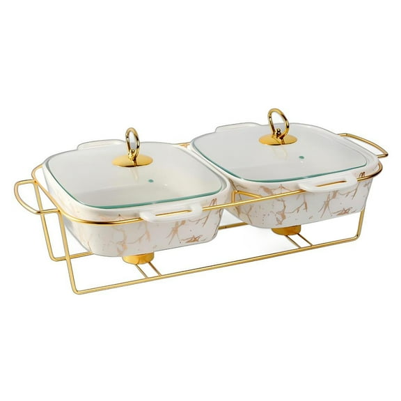 Ceramic Dry Pot Food Warmer Set, Chafing Dish Cookware Sets, Buffet Warmers Set with Lid, Gold Plating Serving Dishes