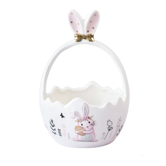 Ceramic Easter Bunny Basket With Handle Cute Egg Candy Bowl For Spring Table Decor