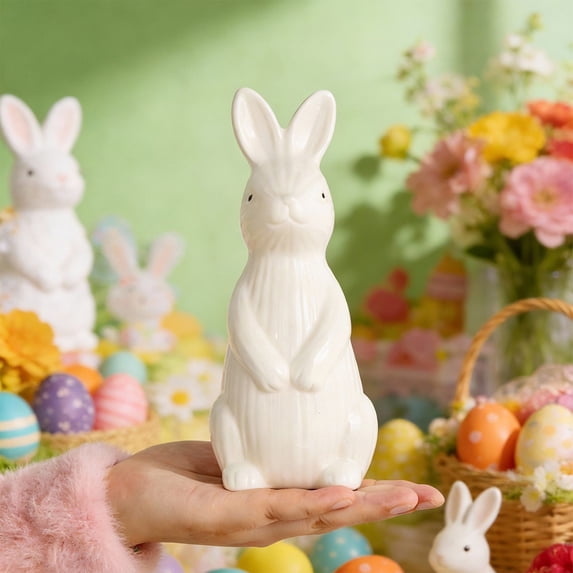 Ceramic Easter Bunny Decor, Hugging Belly Bunny Statue, Cute Home Desk Decoration for Home Desk Shelf Decor(White)