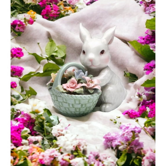 Ceramic Easter Bunny Figurine with Flower Basket 3.5in Spring Gift