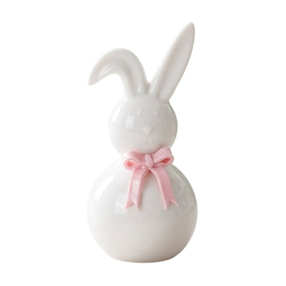 Ceramic Easter Bunny Figurines with Bow, Cute Easter Decoration Bunny Decor, Small White Rabbit Sculpture, Spring Easter Bunny Ornament, Farmhouse Home Decor Tabletop Shelf Mantel Table Centerpiece