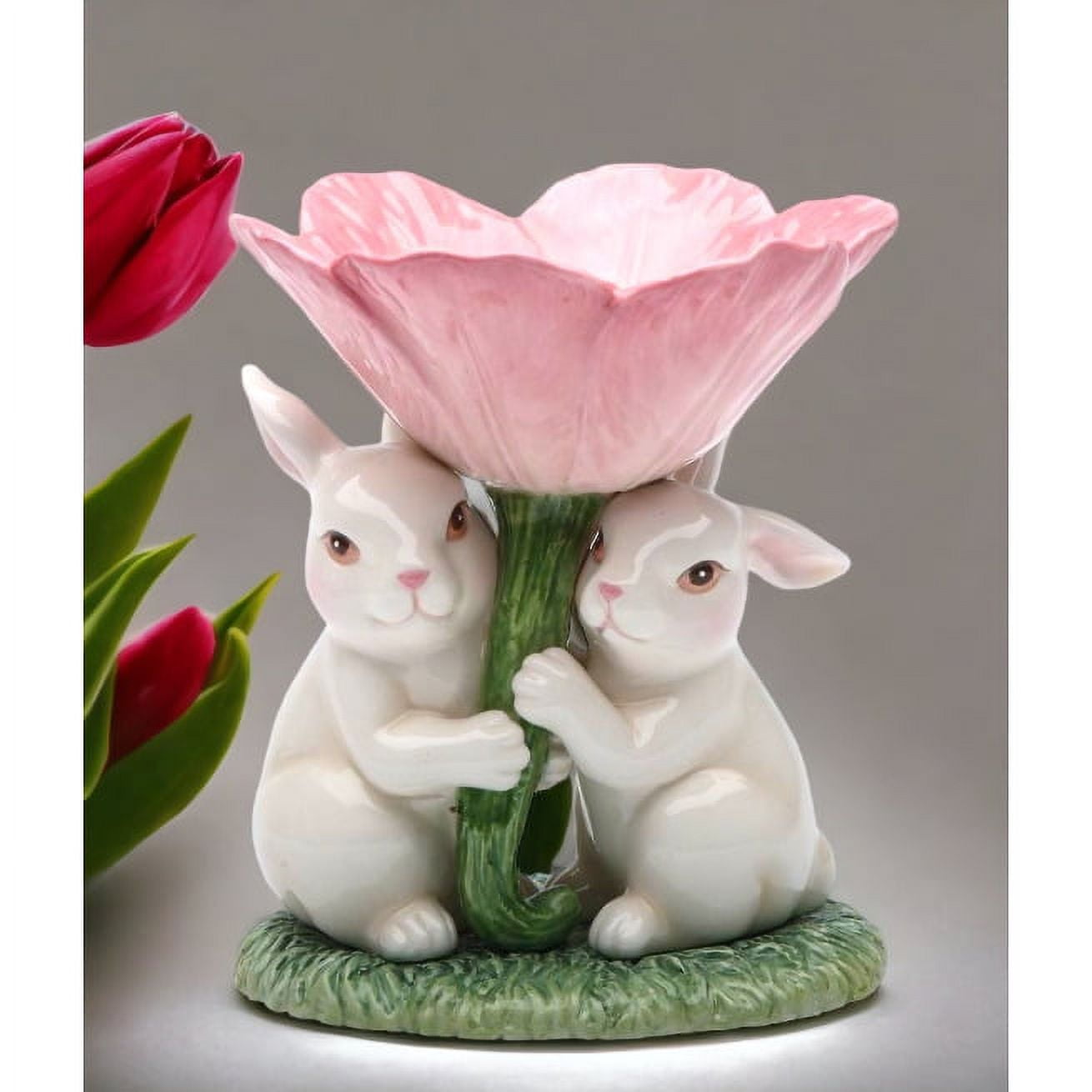 5-Inch White Ceramic Bunny Pair Holding Pink Flower Candlestick
