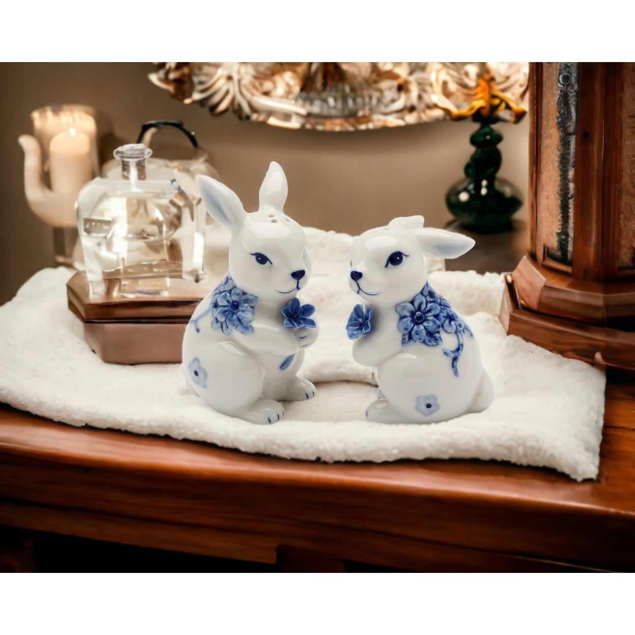 Hand-Painted White and Blue Ceramic Bunny Salt & Pepper Shakers