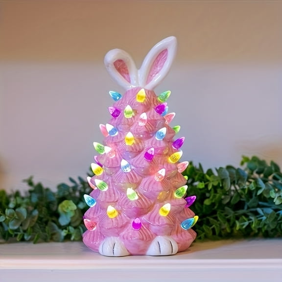 Ceramic Easter Bunny Tree 7.68 inch Lighted Topiary with Colorful LED Easter Decorations for Home Indoor Bedroom Office Decor Tabletop & Spring Easter Holiday Decor Gifts