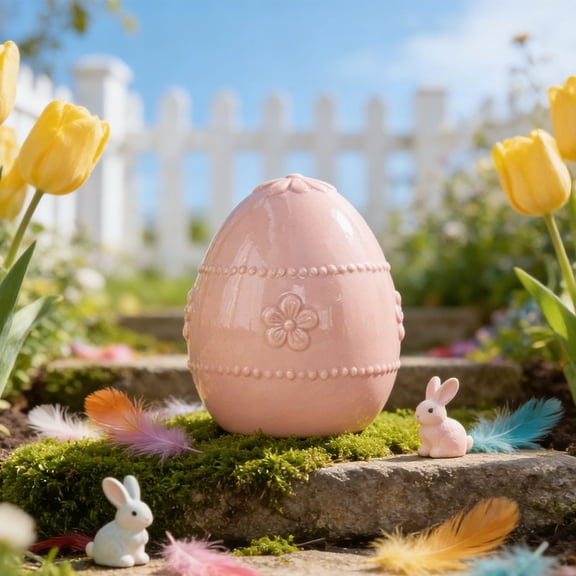 Ceramic Easter Egg Series Decor, Pink White Desktop Ornament Set, Hand-Painted Spring Home Decoration, for Holiday Display and Festive Gift Giving