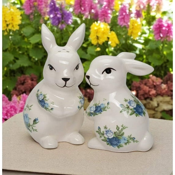 Ceramic Easter Rabbits with Blue Roses Pattern Salt and Pepper Shakers, Spring Decor, Easter Decor, Rabbit Lover Gift