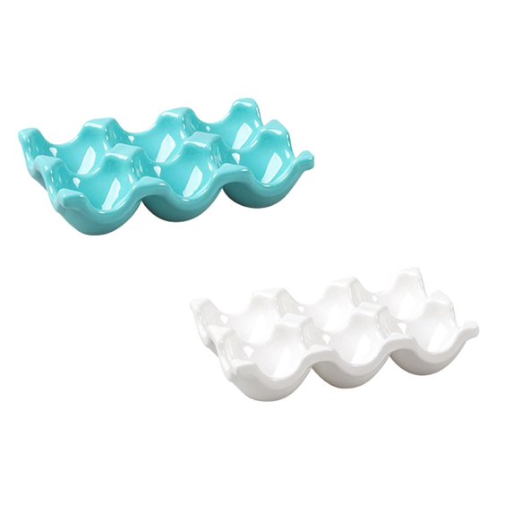 Ceramic Egg Box Egg Tray Holder Non Slip Egg Storage Organizer for Fridge Refrigerator Kitchen Worktop Countertop Decorative Accessories Holds 6 Chicken Eggs 2PCS