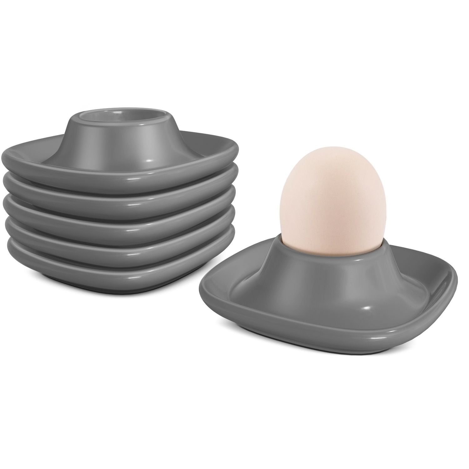 Ceramic Egg Cups Set of 6 Half Dozen Pack, Porcelain Hard Soft Boiled Egg Holder Keeper Container with Base, Stackable Serving Dish Plate Stand Serveware for Countertop Display Kitchen Home (Gray)