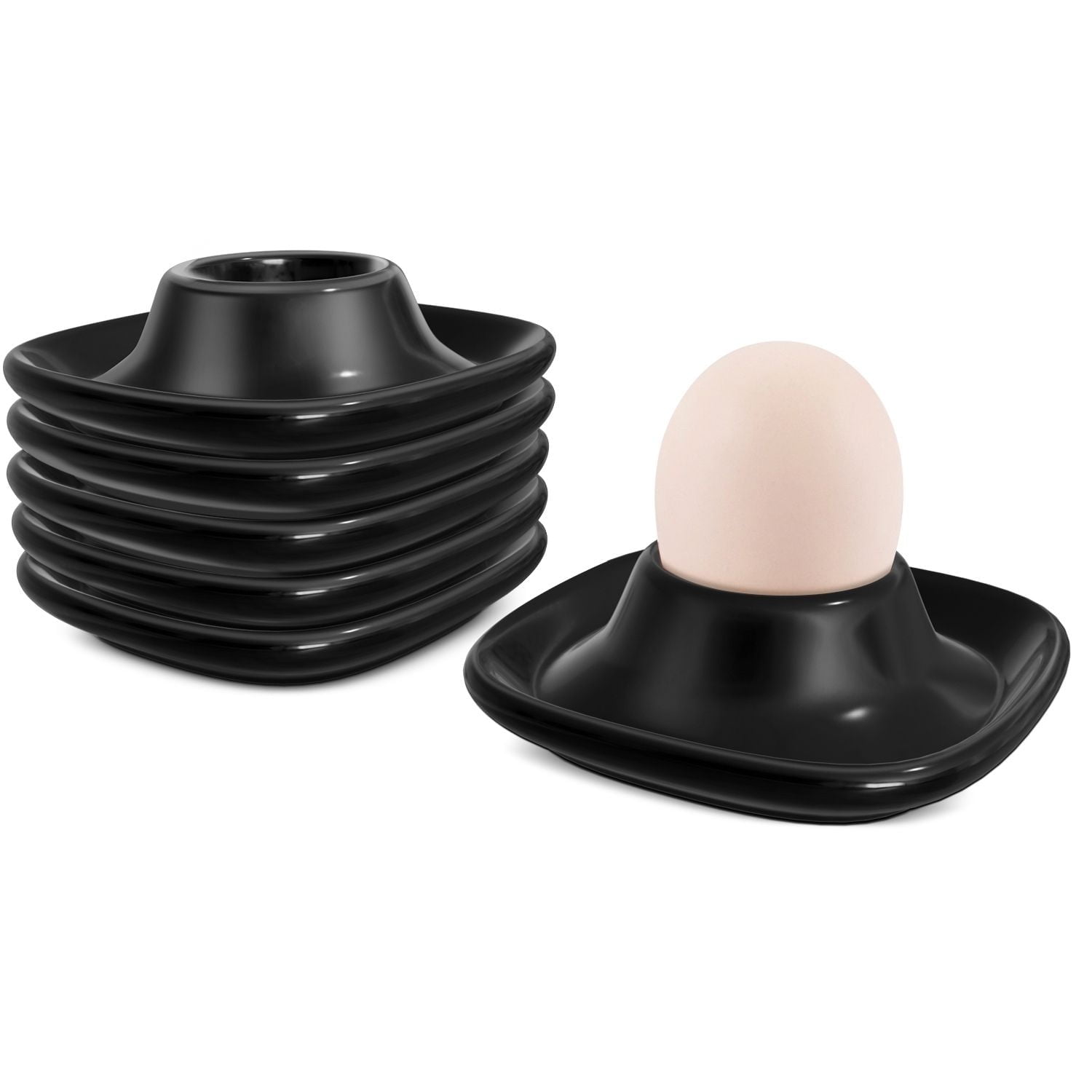 Ceramic Egg Cups Set of 6 Half Dozen Pack, Porcelain Hard Soft Boiled Egg Holder Keeper Container with Base, Stackable Serving Dish Plate Stand Serveware for Countertop Display Kitchen Home (Black)