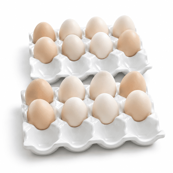 Ceramic Egg Holder 12 Cups for Fridge & Countertop, White Polished, Non-Slip Base