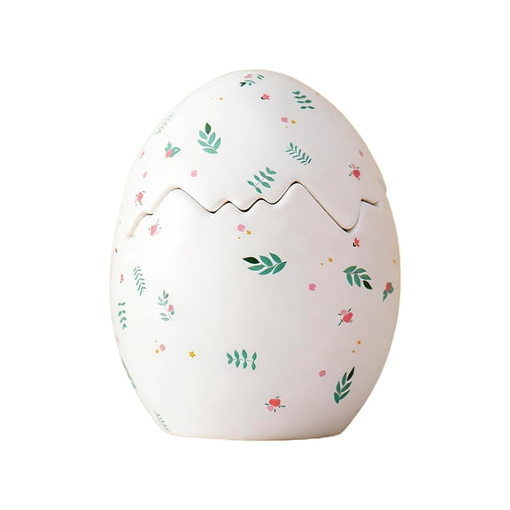 Ceramic Egg Shaped Storage Jar with Leaf and Floral Pattern Decorative Container with Removable Lid for Home Kitchen Desk