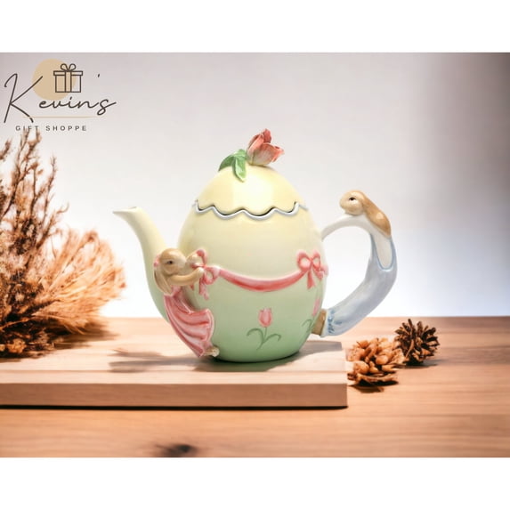Ceramic Egg Shaped Teapot with Easter Rabbits 16 Ounce