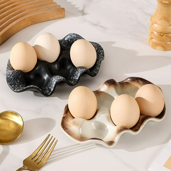 Ceramic Egg Tray | Black or White | Wavy Groove Prevents Rolling | Durable High-Temperature Fired Ceramic | Holds Eggs, Sauces, Snacks | 18.2x11.3x4.6cm | 1 Piece