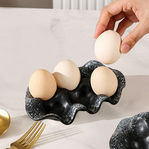 Ceramic Egg Tray | Egg Holder & Sauce Dish | Multi-Compartment Serving Plate for Kitchen, Dining Table, or Buffet | Black or White | 7.17 x 4.33 Inches