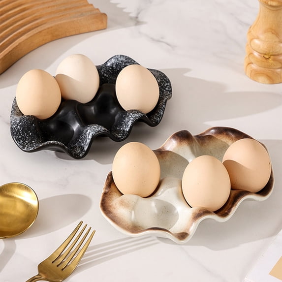 Ceramic Egg Tray Holder for Refrigerator and Countertop, Wavy Divided Plate for Eggs, Sauces and Snacks, Easy Clean Kitchen Tableware Organizer