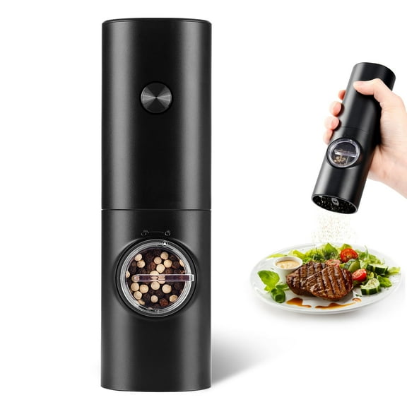 Automatic Electric Pepper Mill, Battery Operated Salt and Spice Grinder, Ceramic Mechanism with Coarseness Control, LED Light for Night Cooking, Black